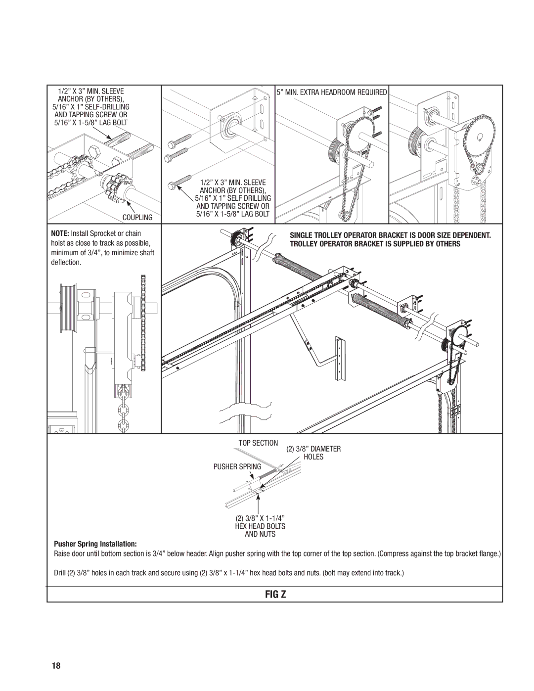 Wayne-Dalton 451, 452 installation instructions Fig Z, TOP Section, Holes Pusher Spring, HEX Head Bolts Nuts 