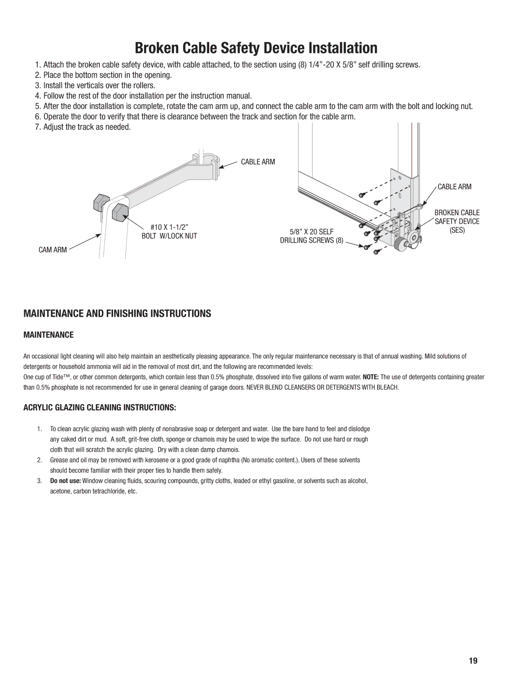 Wayne-Dalton 452, 451 installation instructions Maintenance and Finishing Instructions, Cable ARM, Cam Arm 