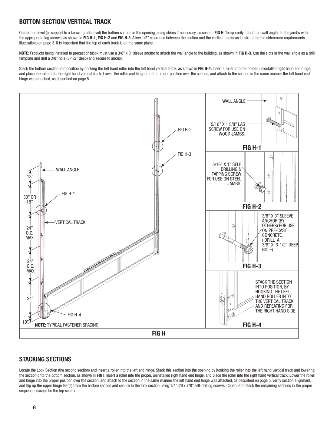 Wayne-Dalton 451, 452 installation instructions Bottom SECTION/ Vertical Track, FIG H Stacking Sections 