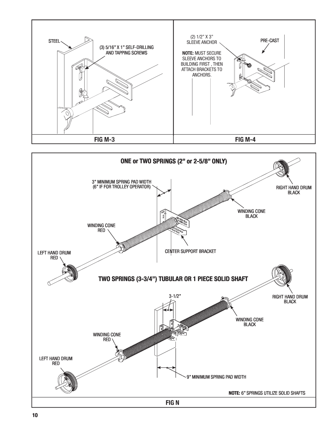 Wayne-Dalton 451, 452 installation instructions FIG M-3, FIG M-4, ONE or TWO SPRINGS 2” or 2-5/8”ONLY, Fig N 