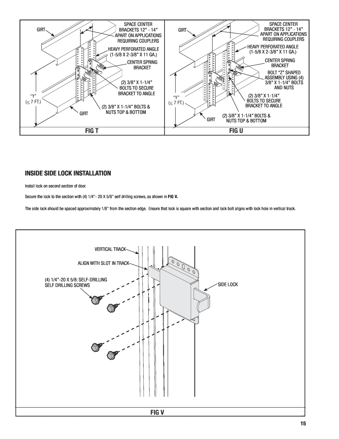 Wayne-Dalton 452, 451 installation instructions Fig T, Fig U, Inside Side Lock Installation 
