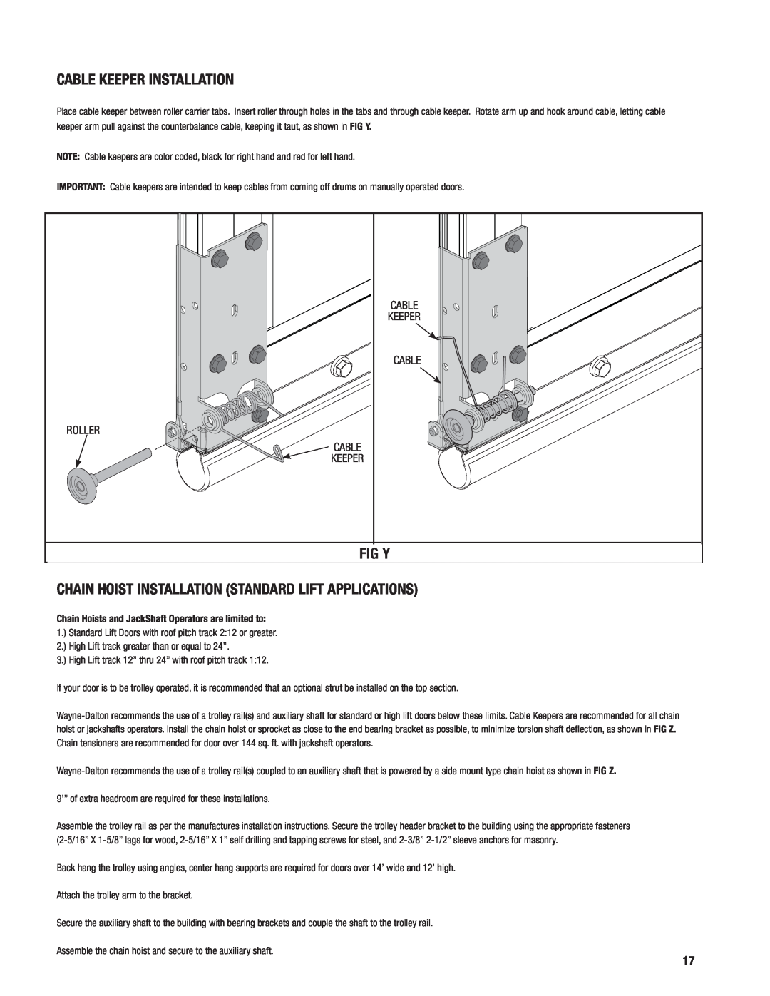 Wayne-Dalton 452, 451 installation instructions Cable Keeper Installation, Fig Y, Cable Keeper Cable Roller Cable Keeper 
