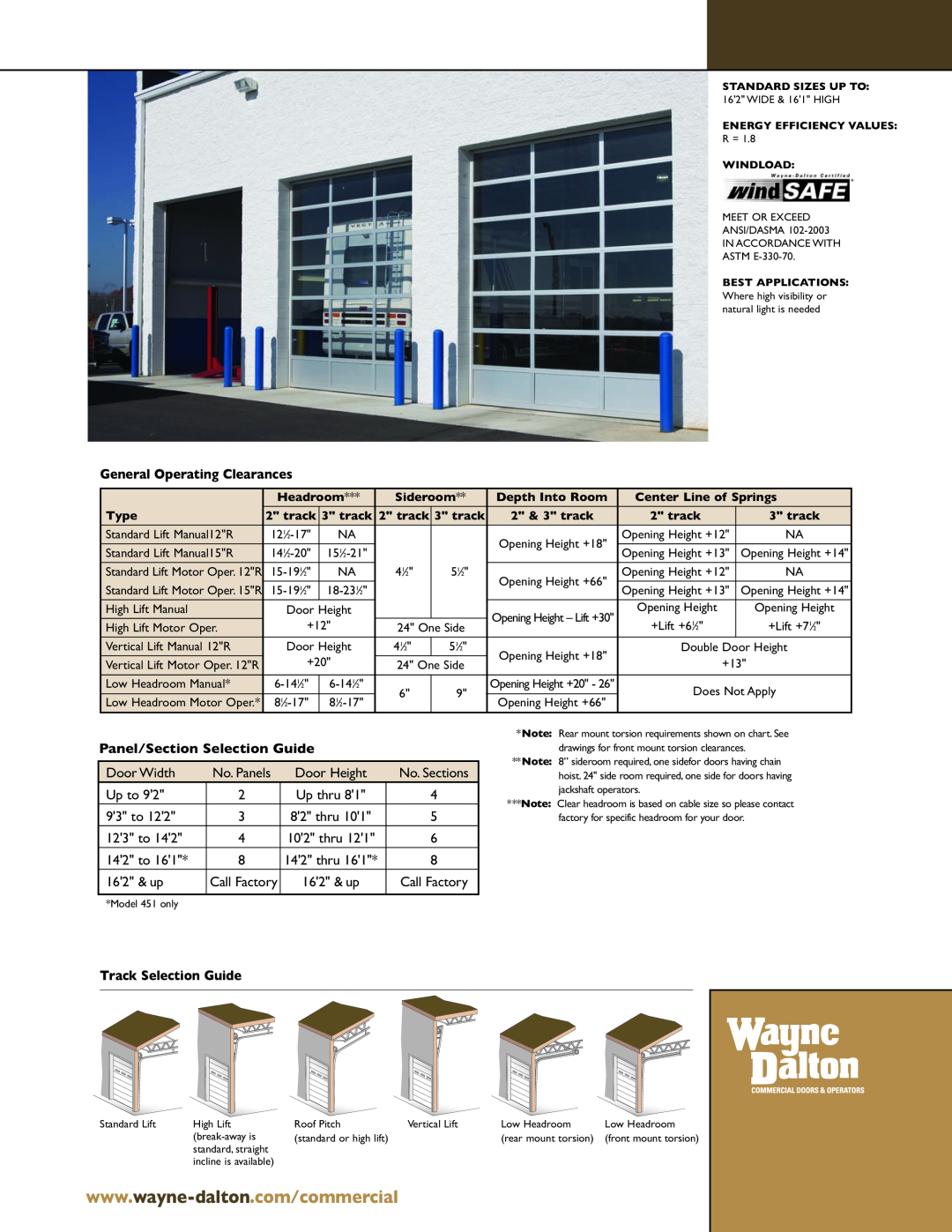 Wayne-Dalton 452 General Operating Clearances, Panel/Section Selection Guide, Door Width, Up to, 93 to, 123 to, 142 to 