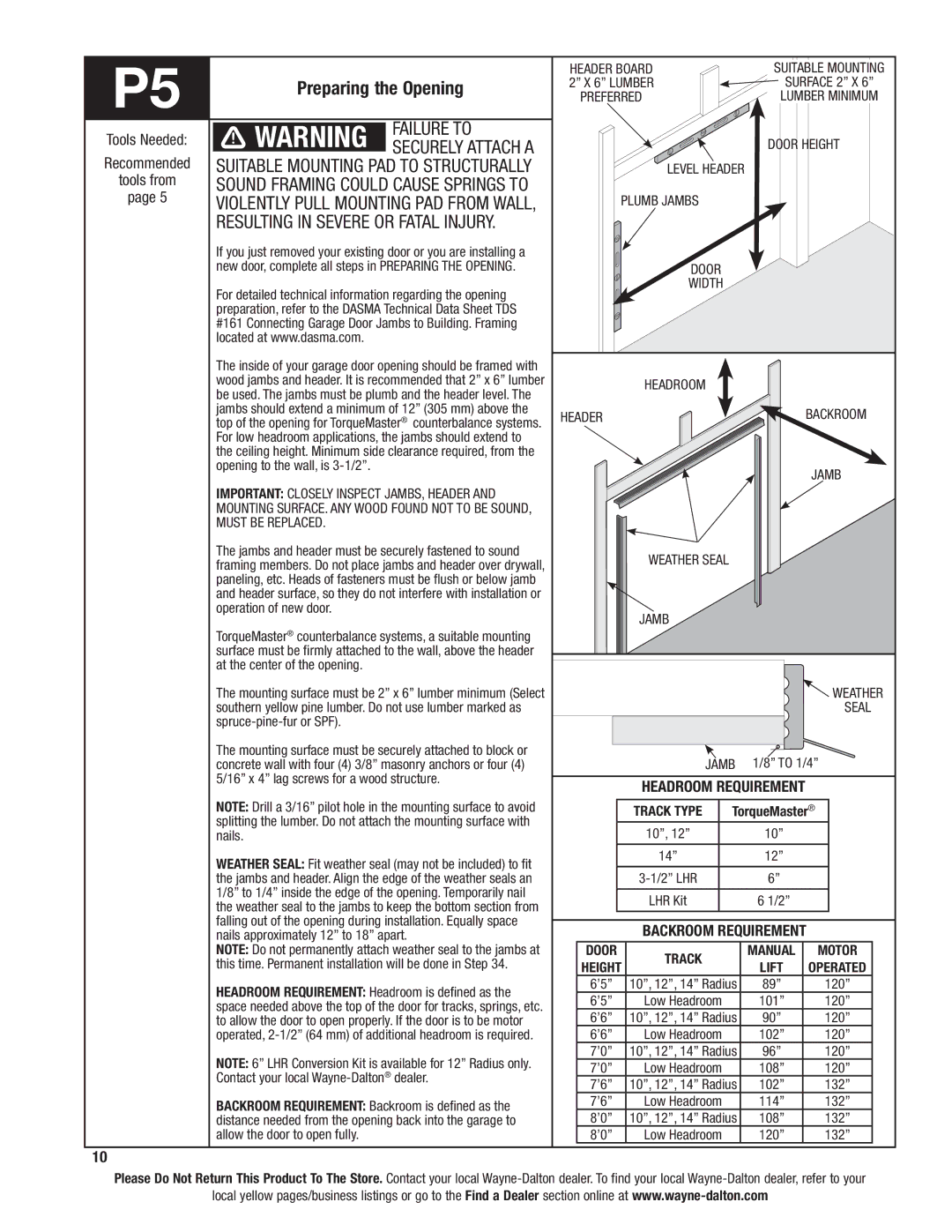 Wayne-Dalton 46 Preparing the Opening, Failure to, Securely attach a, Suitable mounting pad to structurally 