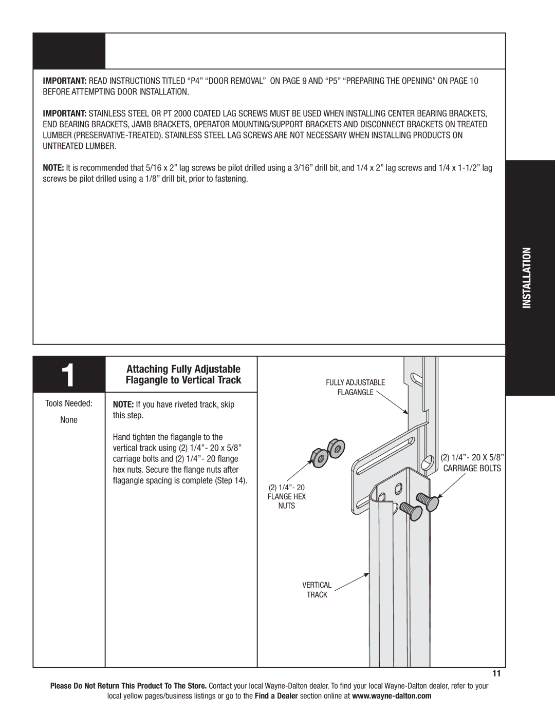 Wayne-Dalton 46 installation instructions Attaching Fully Adjustable, Flagangle to Vertical Track 