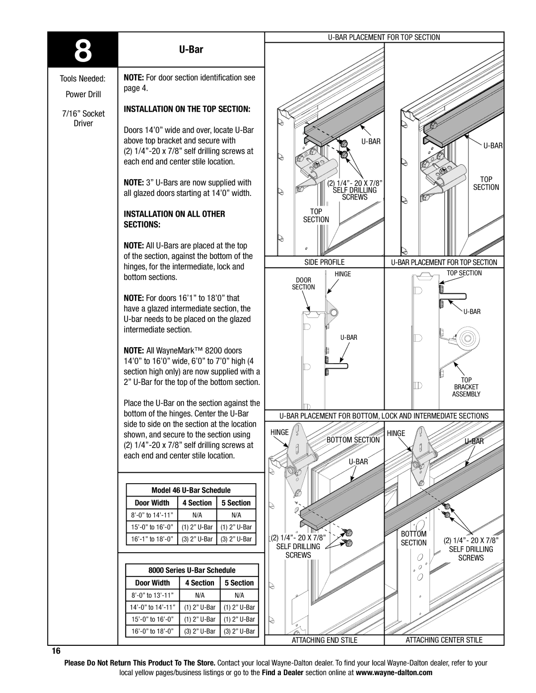 Wayne-Dalton 46 Installation on the Top Section, Above top bracket and secure with, Installation on all other, Sections 