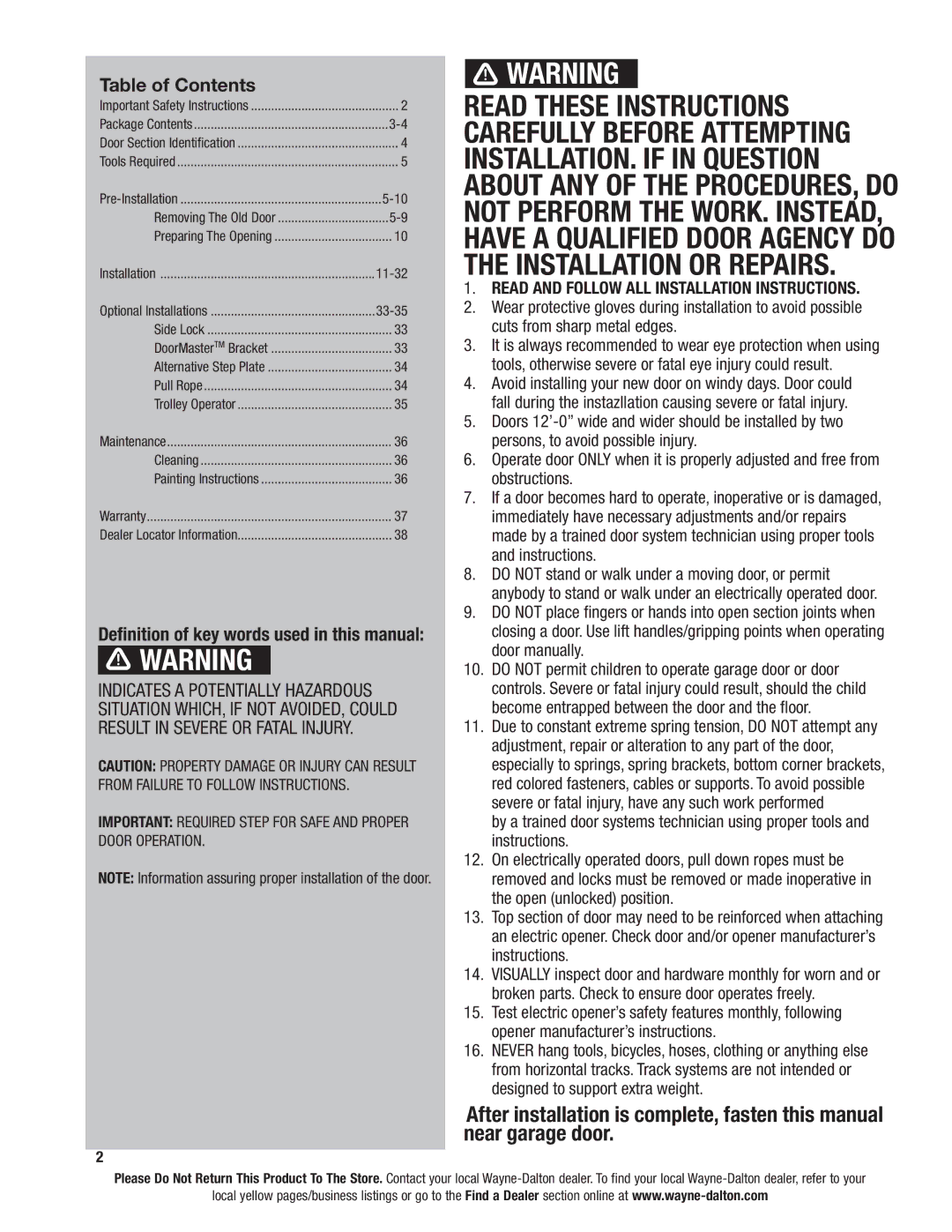 Wayne-Dalton 46 installation instructions Table of Contents 