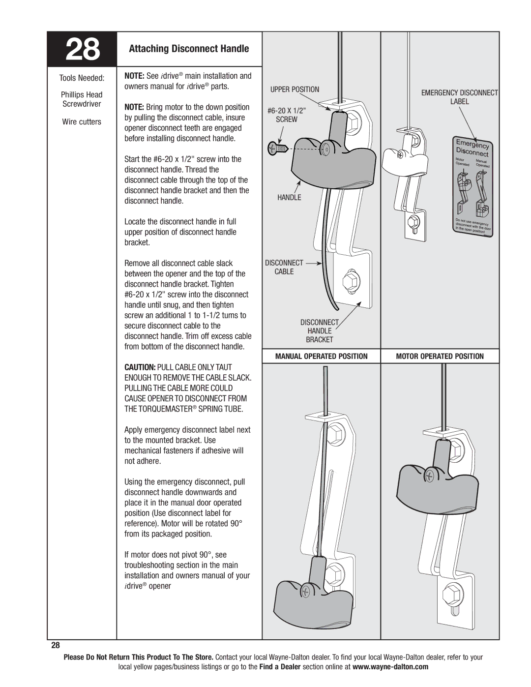 Wayne-Dalton 46 Attaching Disconnect Handle, Disconnect handle bracket. Tighten, Handle until snug, and then tighten 