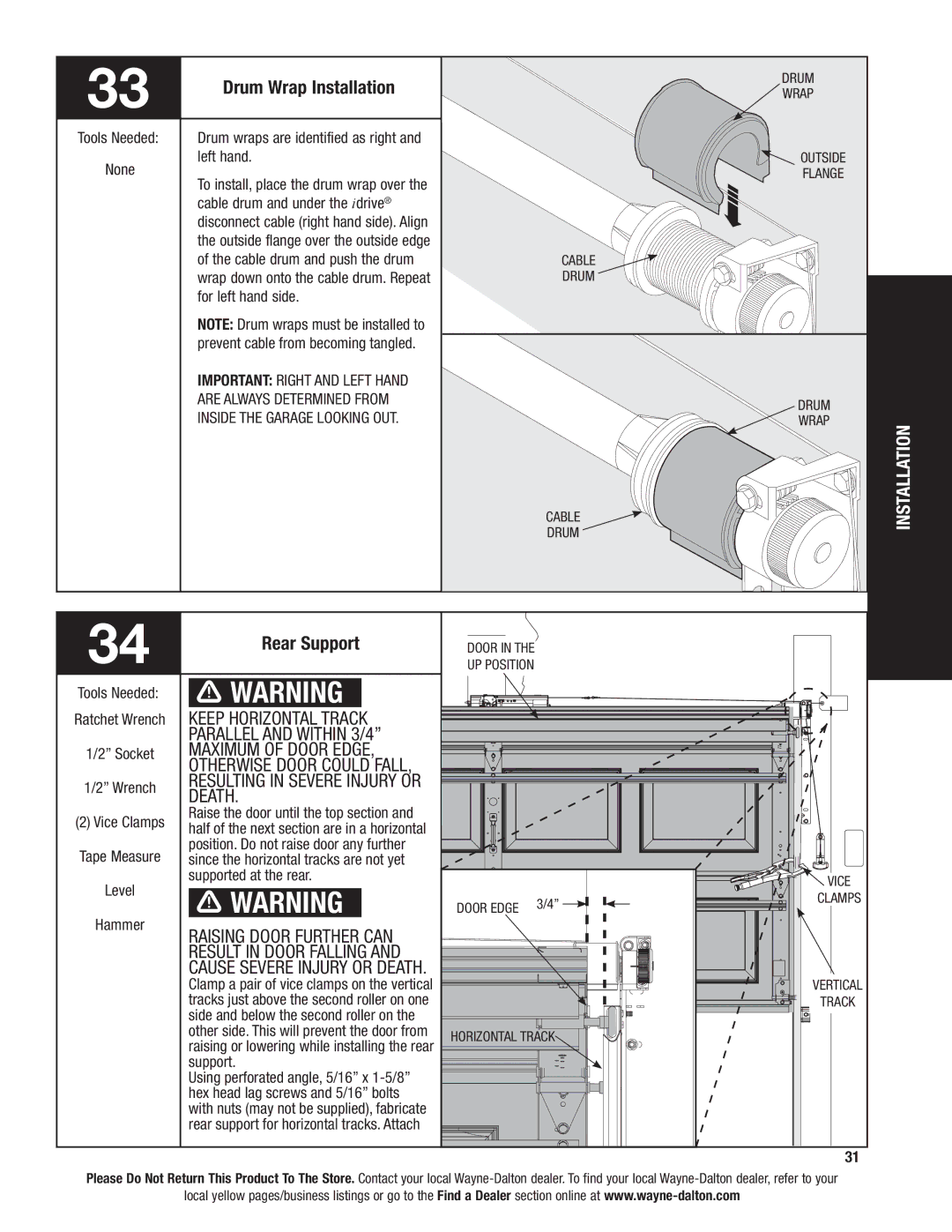 Wayne-Dalton 46 Drum Wrap Installation, Rear Support, Keep horizontal track, Parallel and within 3/4, Maximum of door edge 