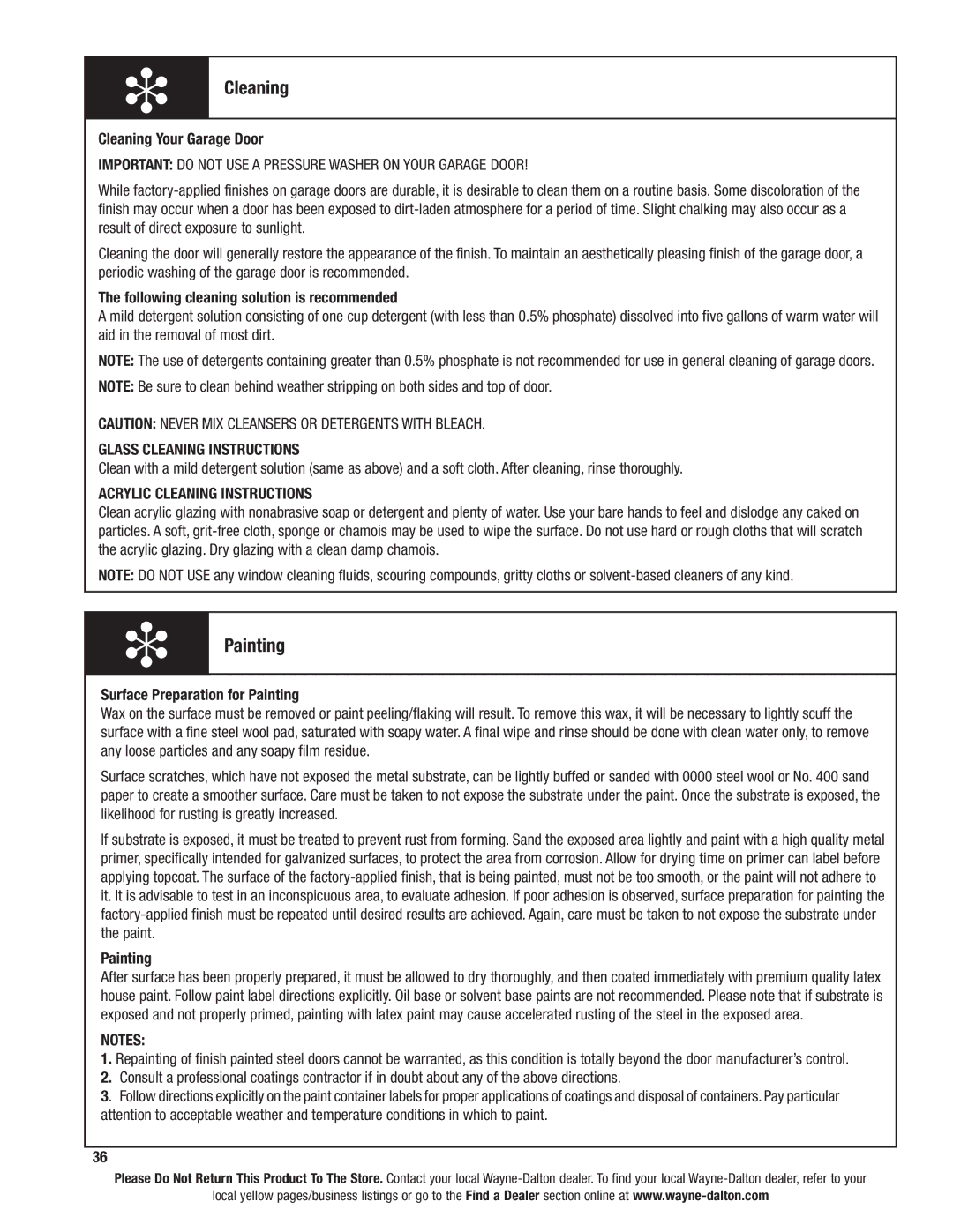 Wayne-Dalton 46 installation instructions Painting, Cleaning Your Garage Door 