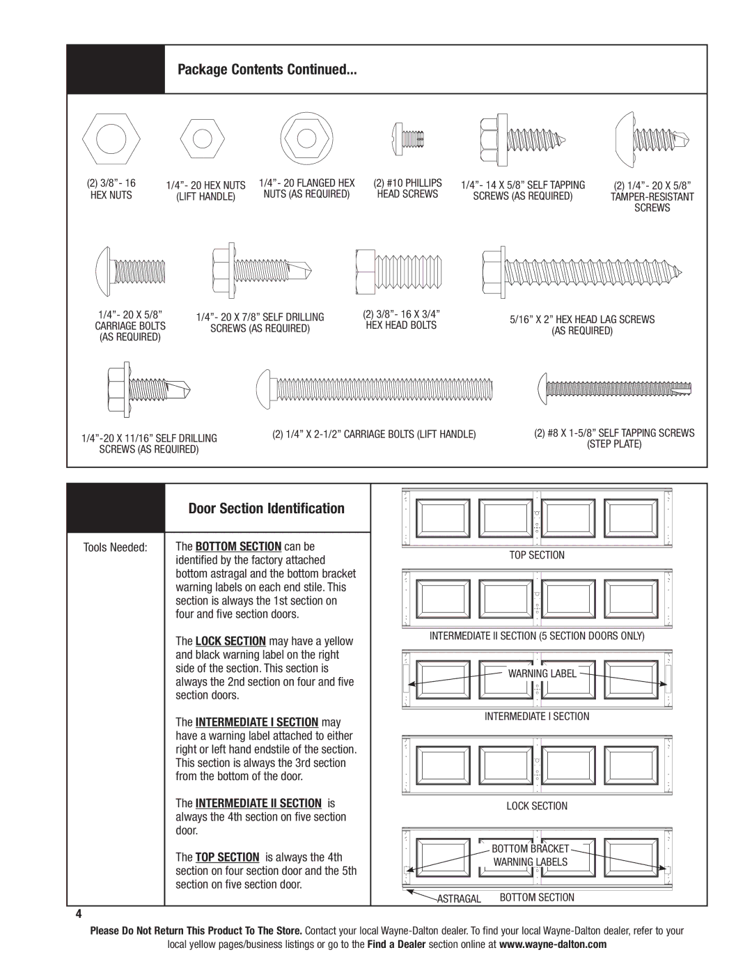 Wayne-Dalton 46 installation instructions Door Section Identification, Package Contents 