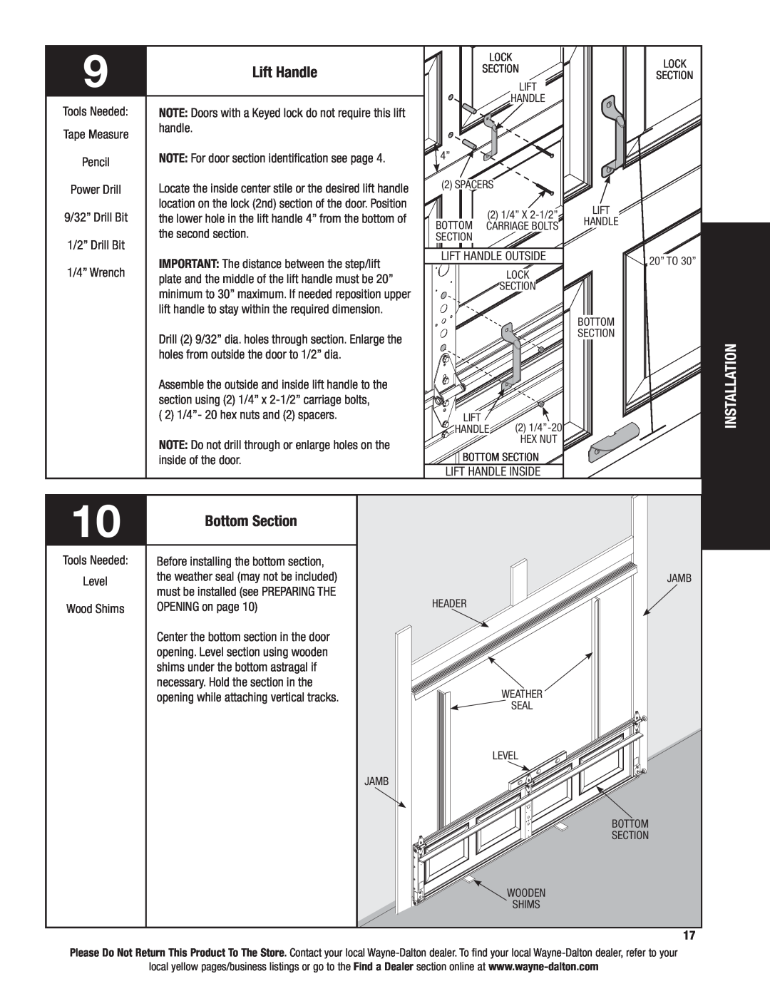 Wayne-Dalton 46 installation instructions Lift Handle, Installation, Bottom Section 
