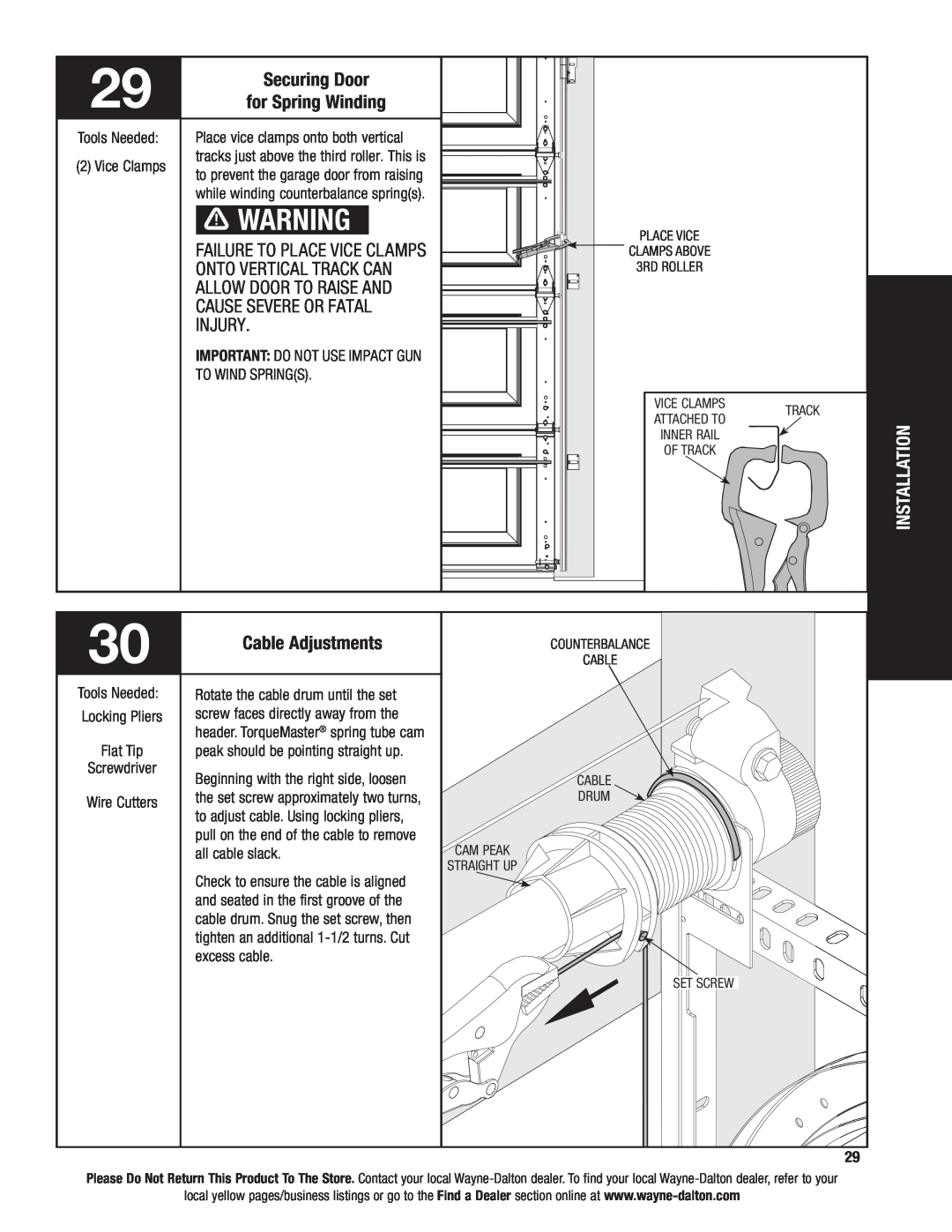 Wayne-Dalton 46 installation instructions Securing Door, for Spring Winding, Installation, Cable Adjustments 