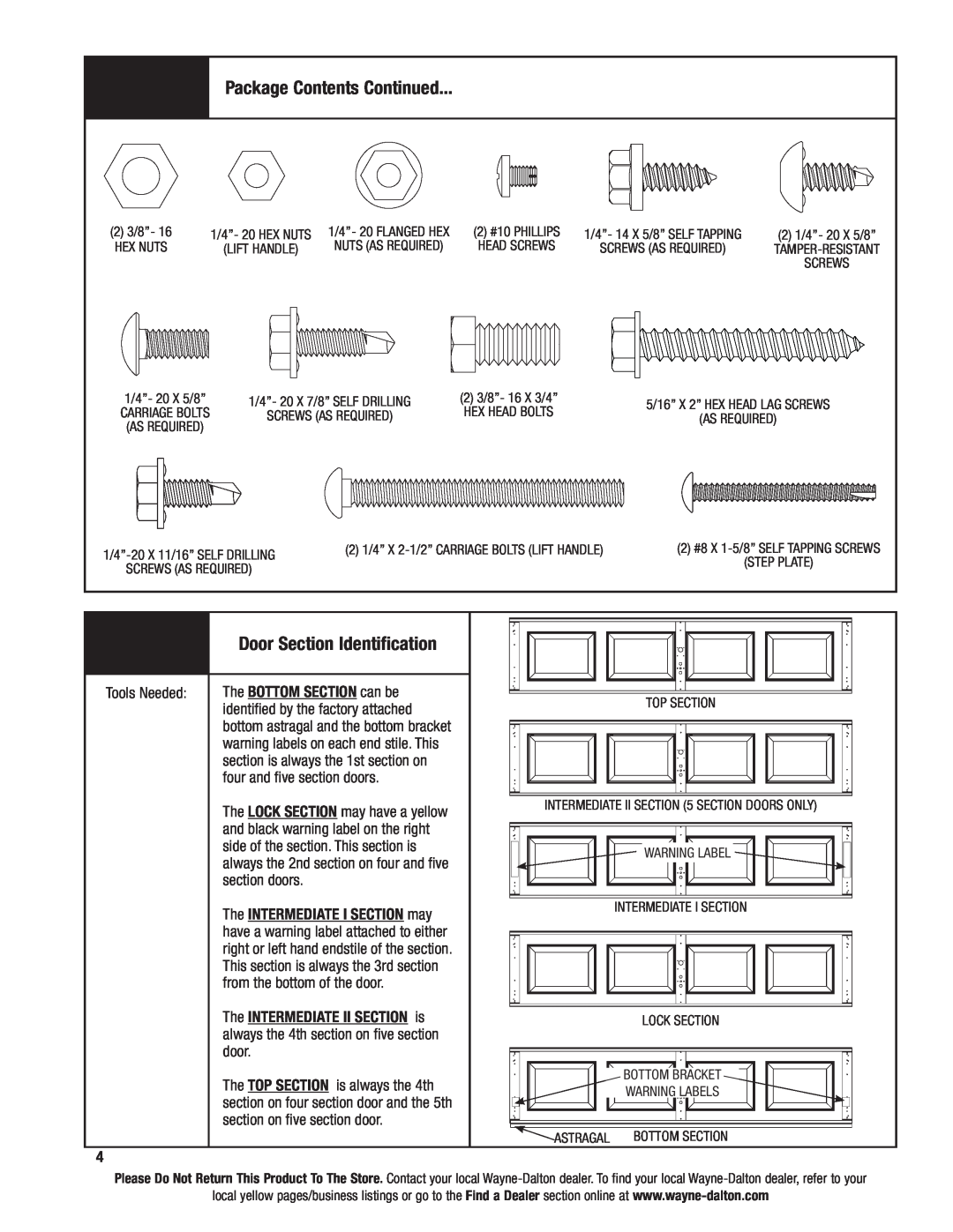 Wayne-Dalton 46 installation instructions Door Section Identification, Package Contents Continued 