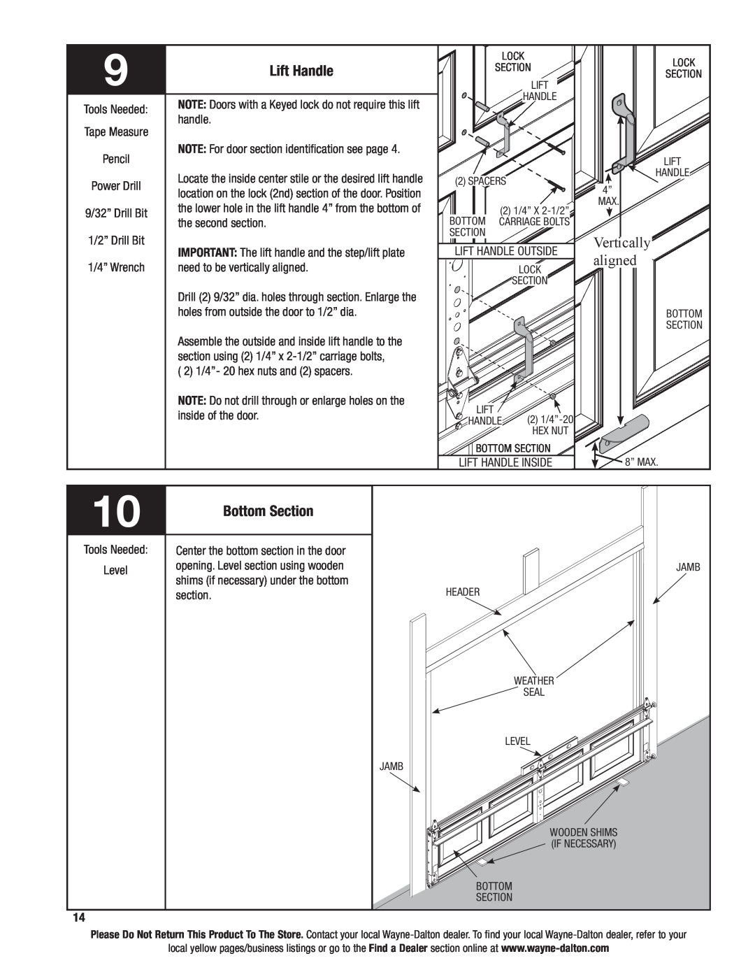 Wayne-Dalton 46 installation instructions Lift Handle, Bottom Section, Vertically aligned 