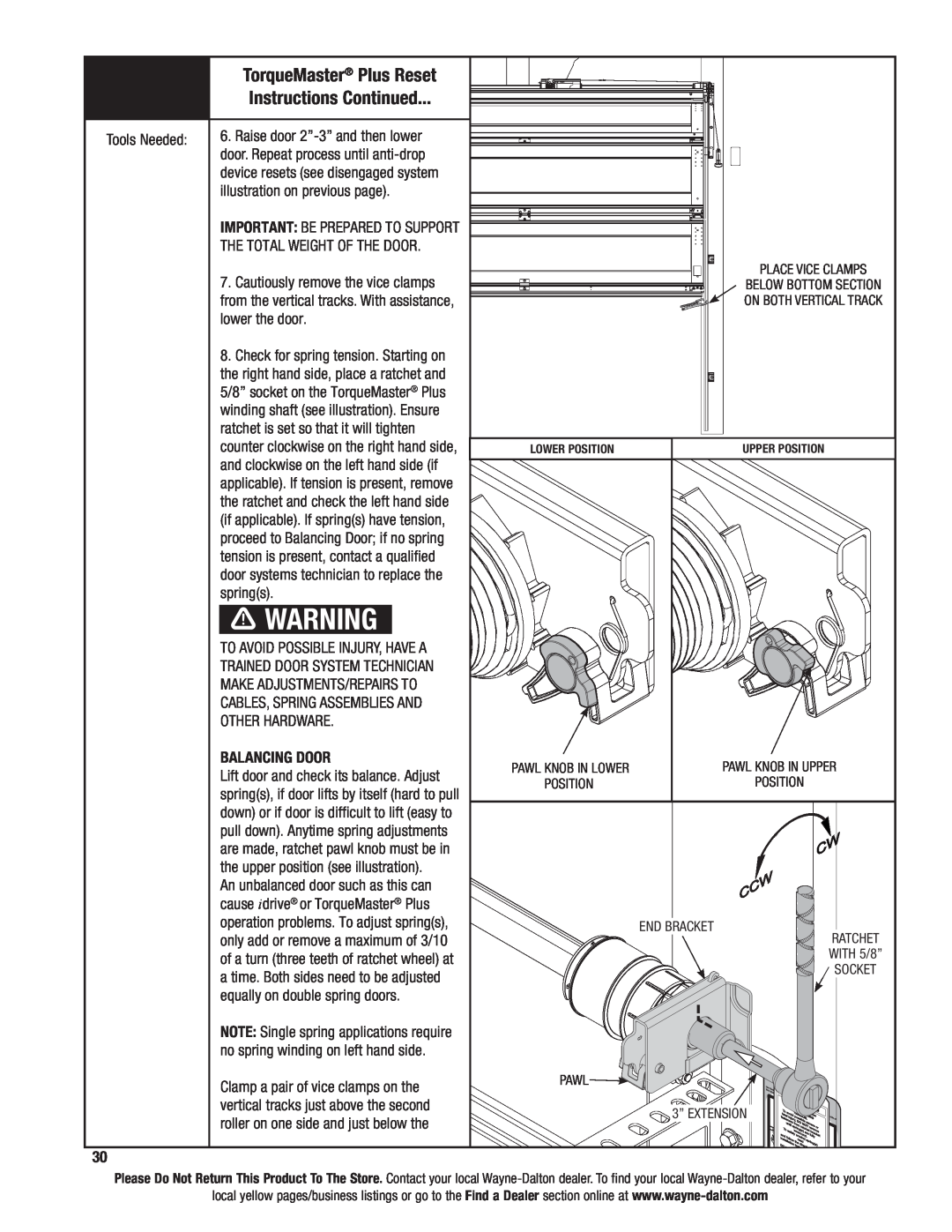 Wayne-Dalton 46 installation instructions Instructions Continued, TorqueMaster Plus Reset 