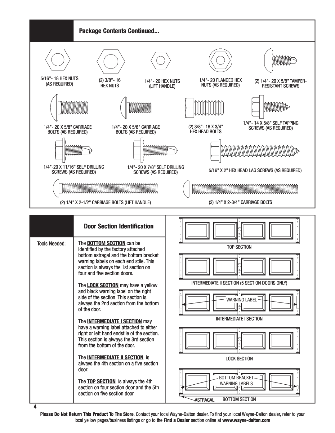 Wayne-Dalton 46 installation instructions Package Contents Continued, Door Section Identification 