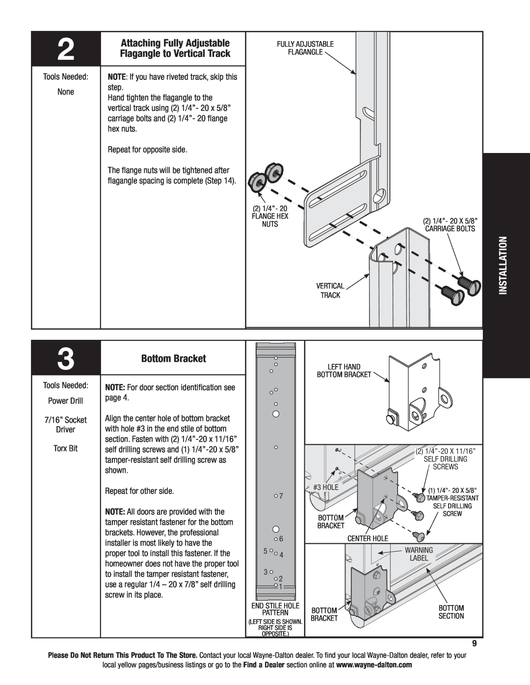 Wayne-Dalton 46 installation instructions Attaching Fully Adjustable, Flagangle to Vertical Track, Bottom Bracket 