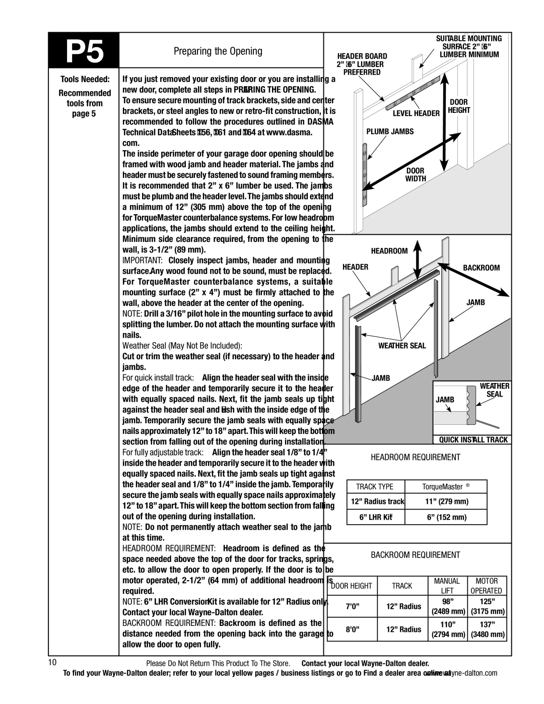 Wayne-Dalton 5140, 5120 installation instructions Preparing the Opening 