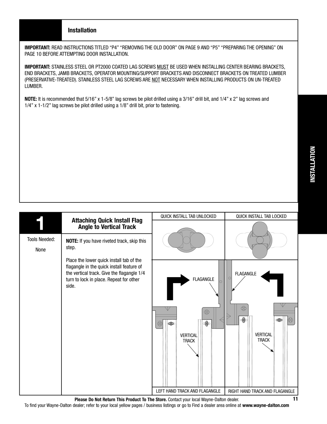 Wayne-Dalton 5120, 5140 installation instructions Installation, Attaching Quick Install Flag, Angle to Vertical Track 