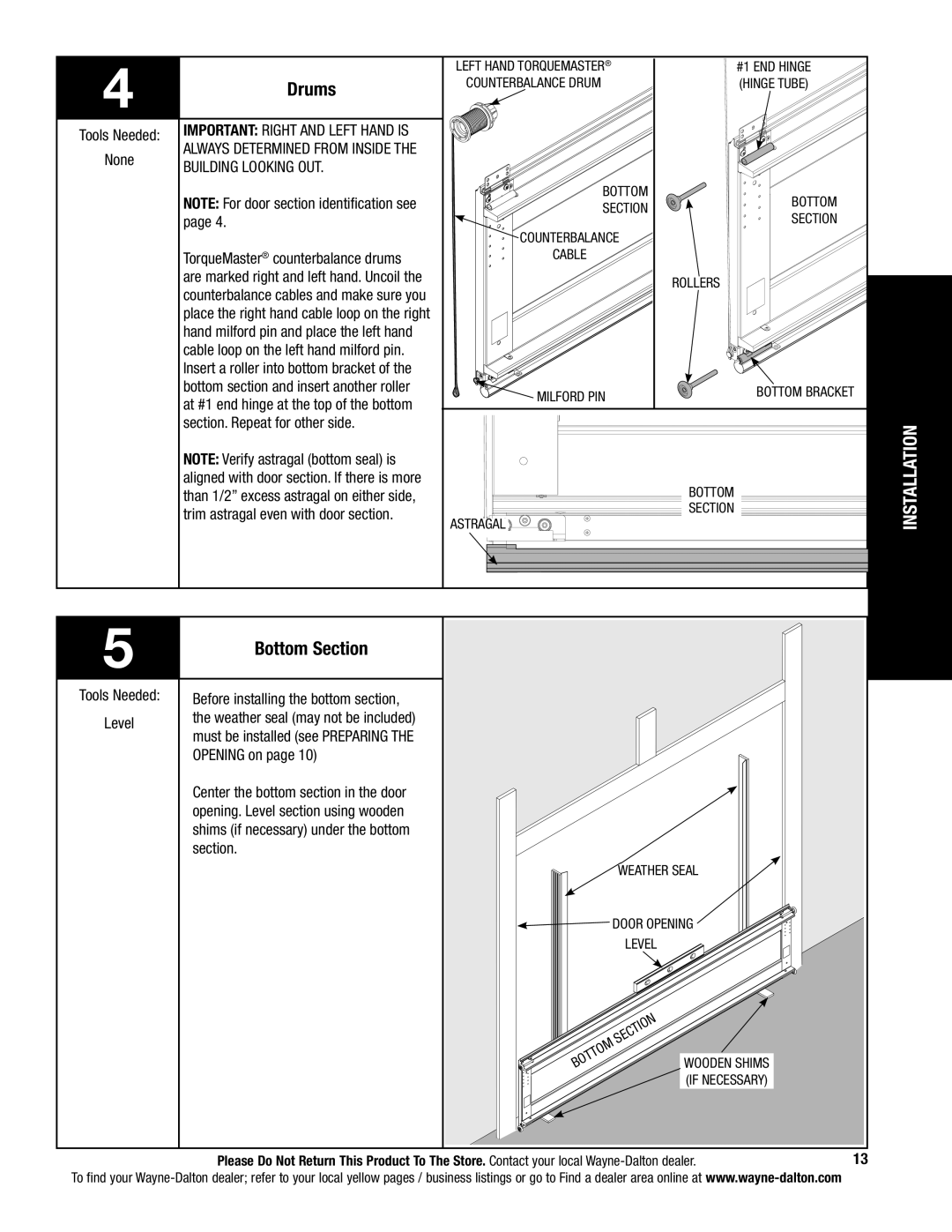 Wayne-Dalton 5120, 5140 installation instructions Drums, Bottom Section 