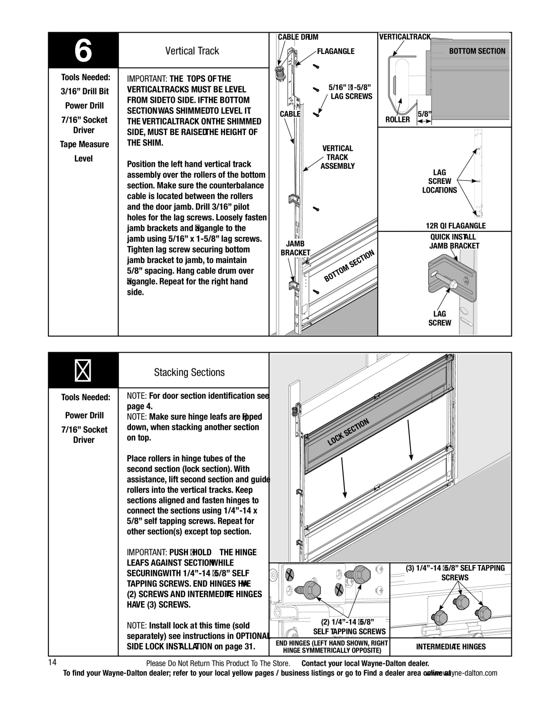 Wayne-Dalton 5140, 5120 installation instructions Vertical Track, Stacking Sections 