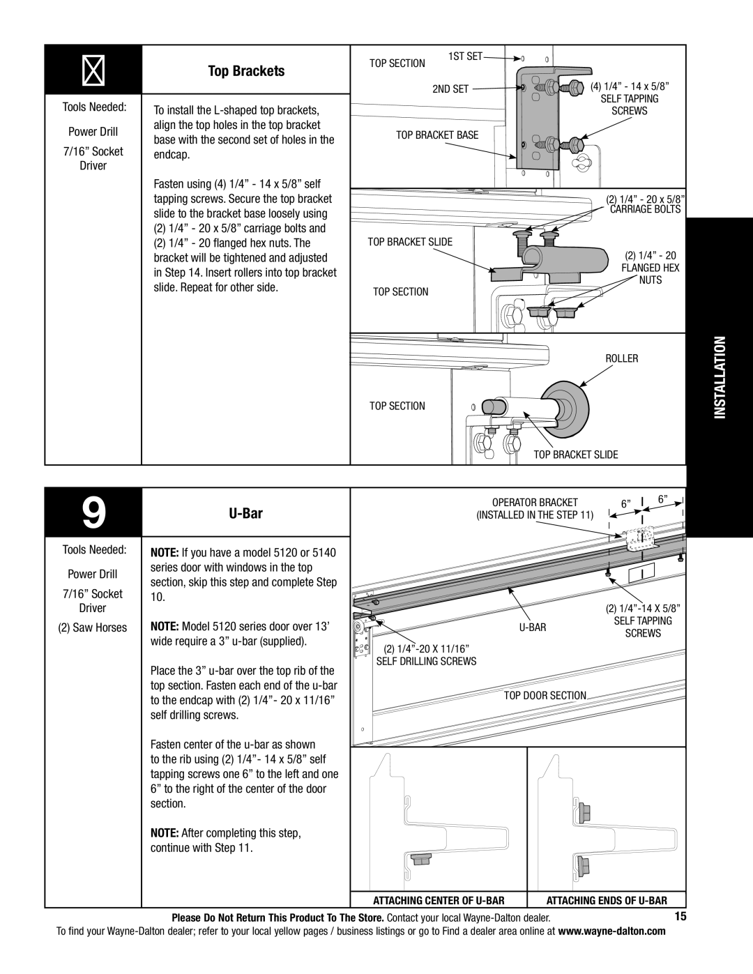 Wayne-Dalton 5120, 5140 installation instructions Top Brackets, Bar 