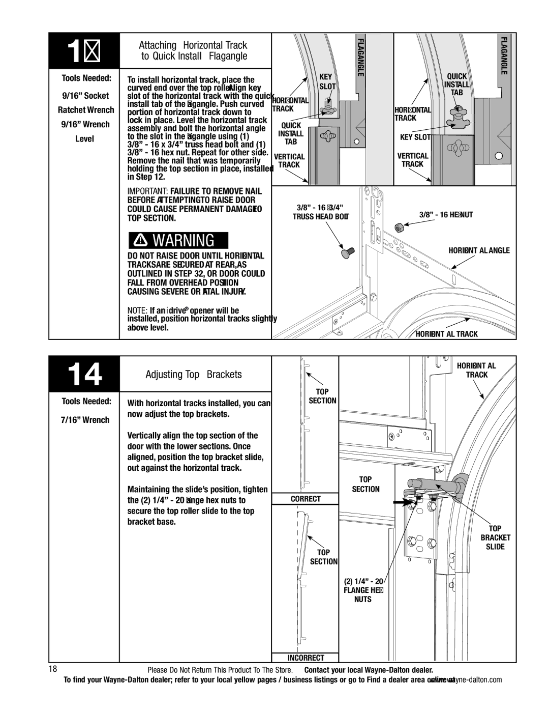 Wayne-Dalton 5140, 5120 Tools Needed To install horizontal track, place, Portion of horizontal track down to, Top section 