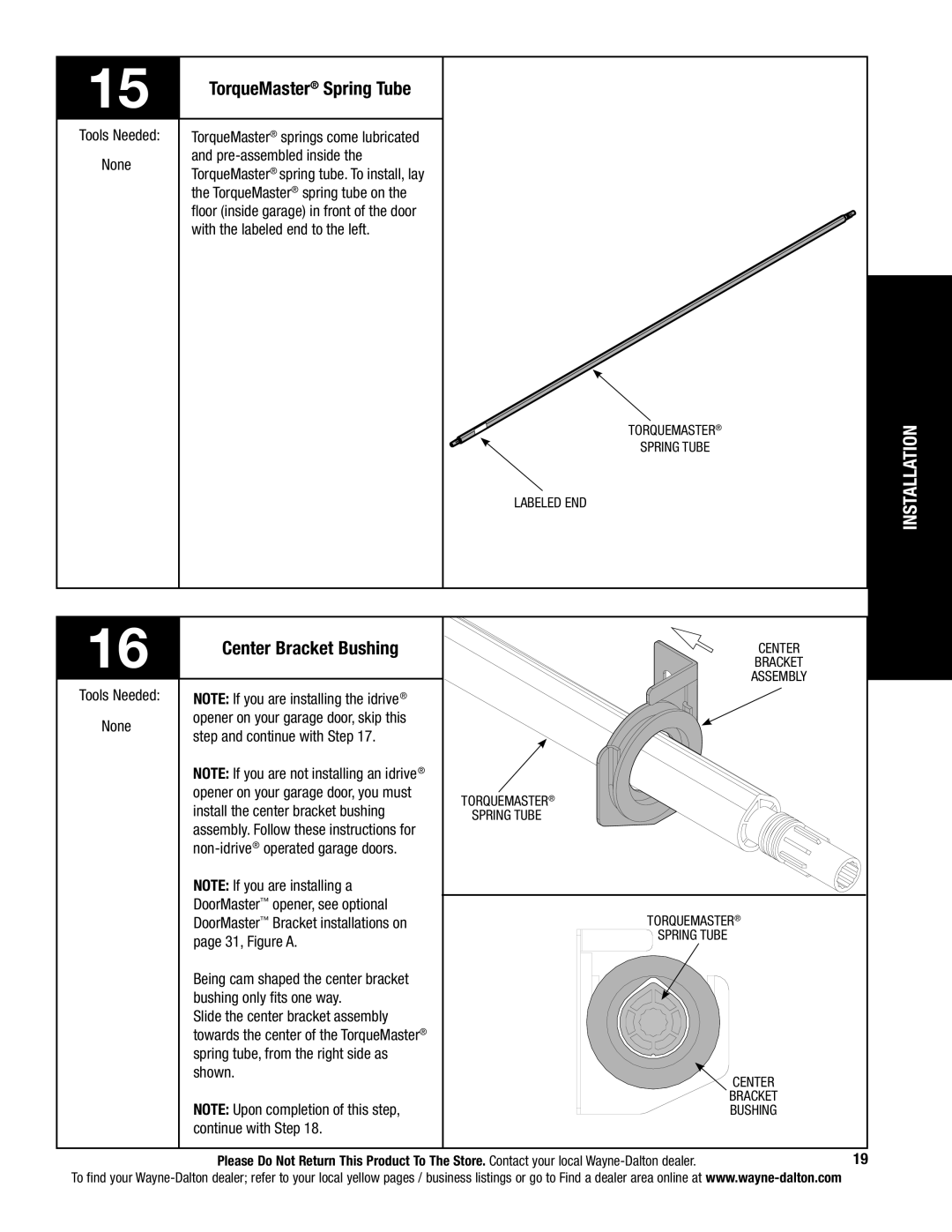 Wayne-Dalton 5120, 5140 installation instructions TorqueMaster Spring Tube, Center Bracket Bushing 