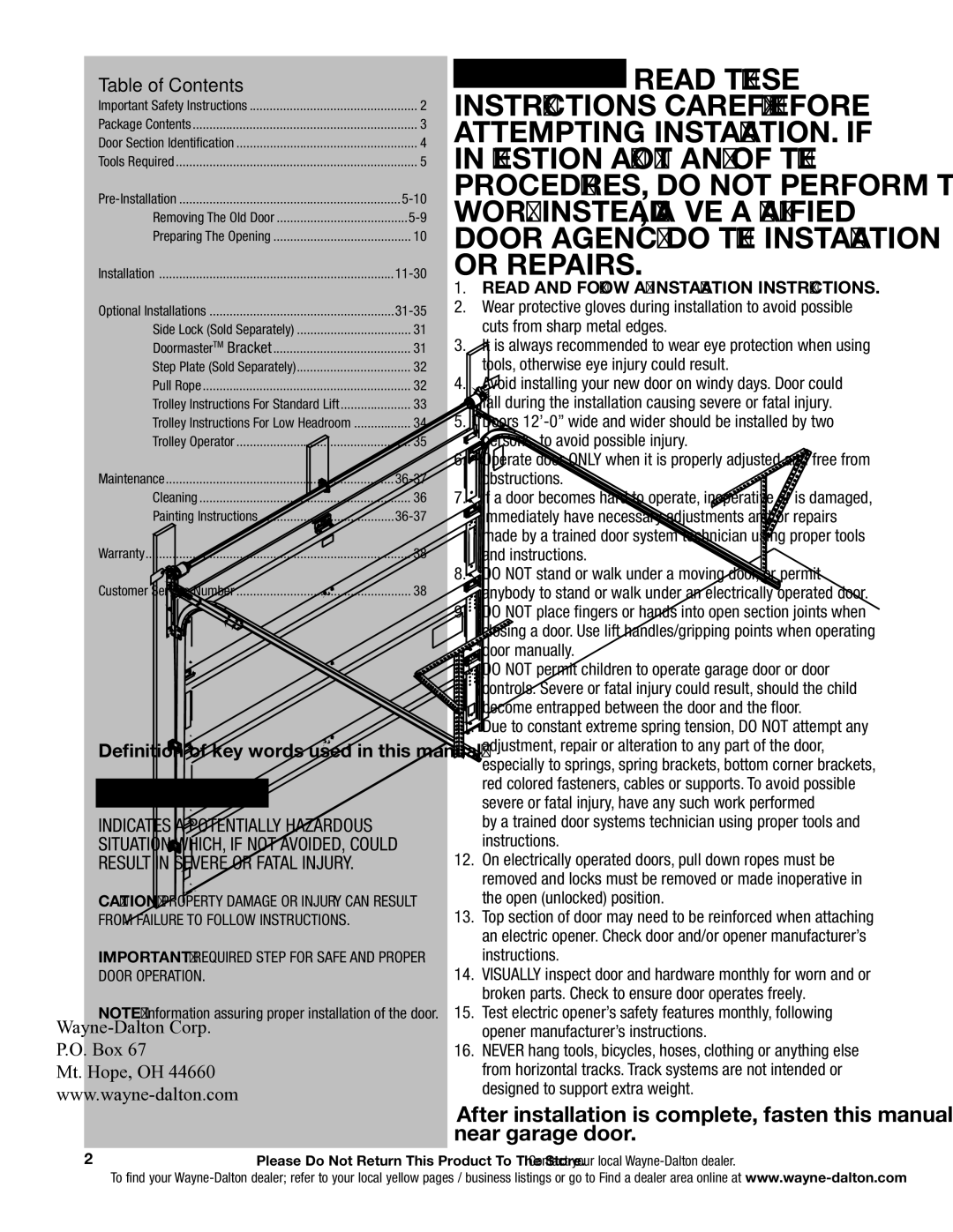 Wayne-Dalton 5140, 5120 installation instructions Table of Contents 