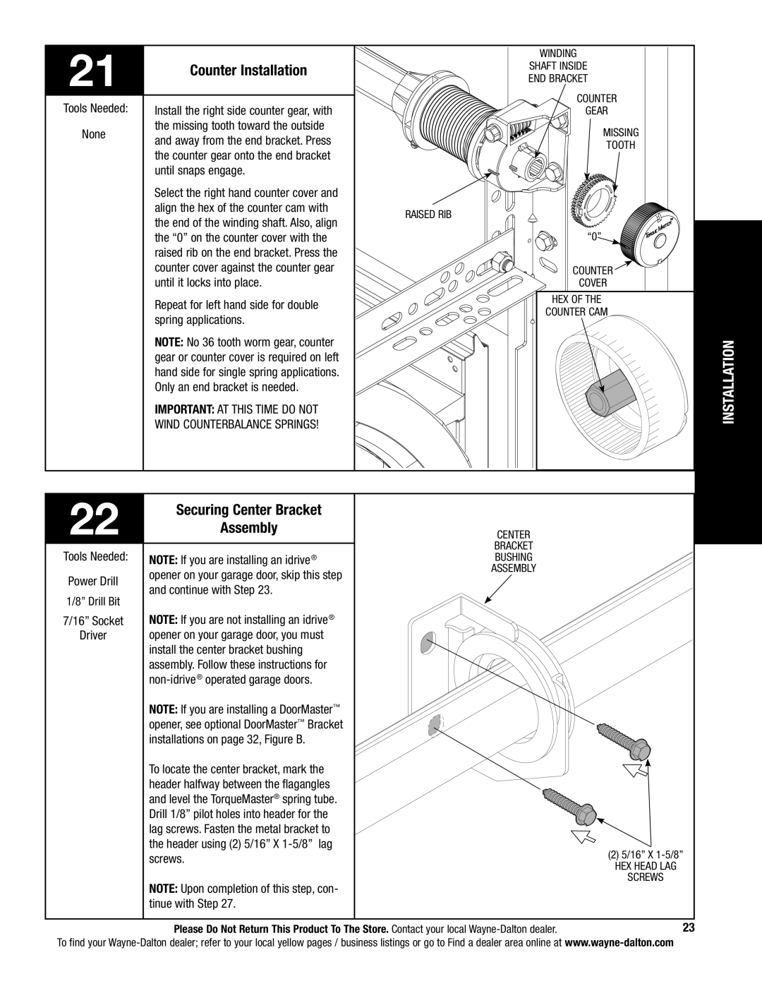 Wayne-Dalton 5120, 5140 installation instructions Counter Installation, Securing Center Bracket Assembly 