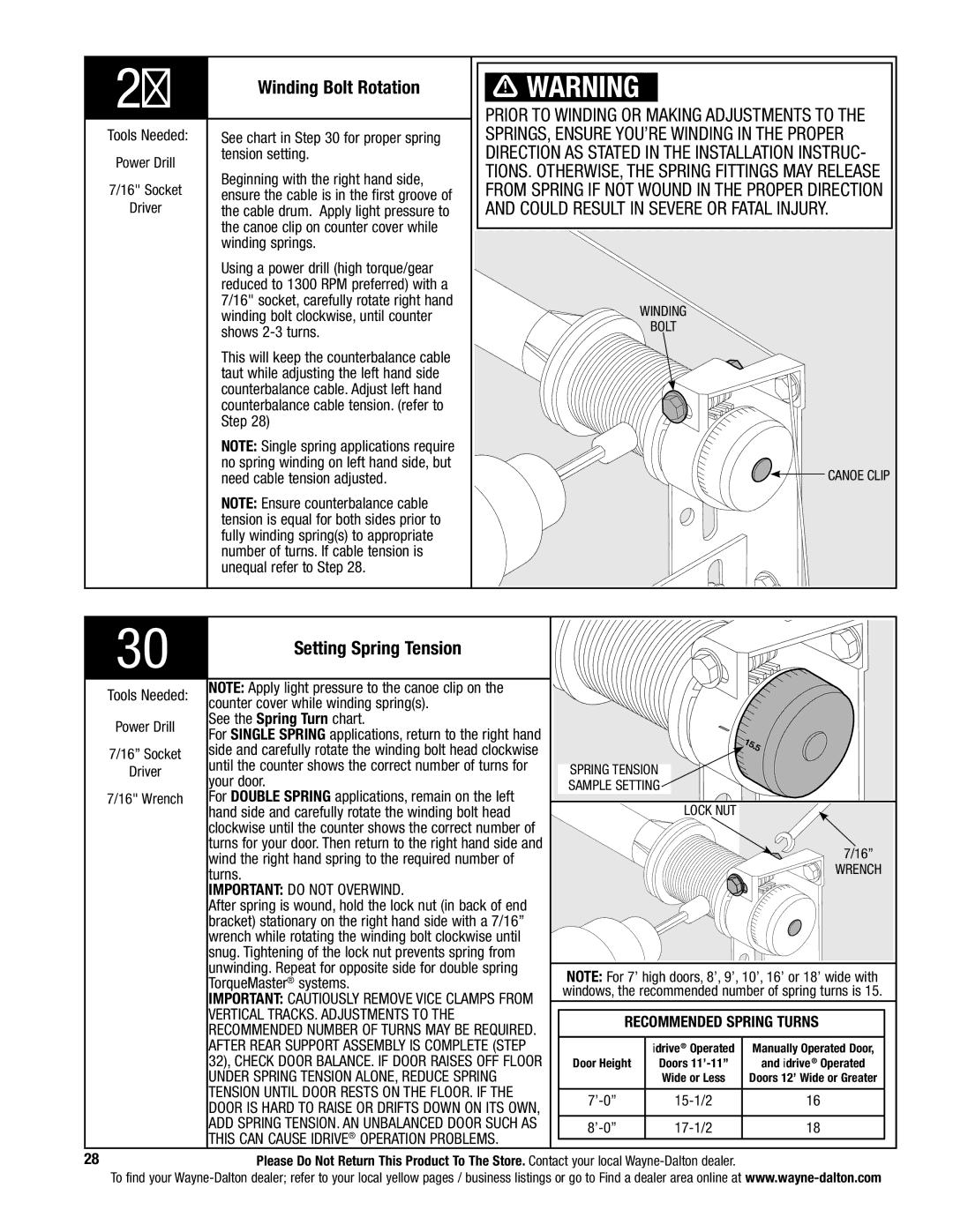 Wayne-Dalton 5140, 5120 installation instructions Winding Bolt Rotation, Setting Spring Tension 