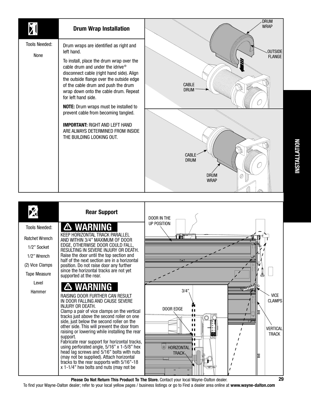 Wayne-Dalton 5120, 5140 installation instructions Drum Wrap Installation, Rear Support 