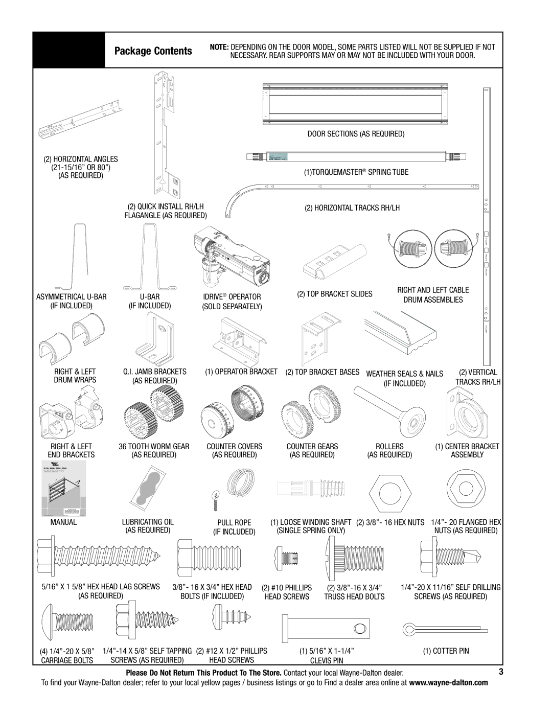 Wayne-Dalton 5120, 5140 installation instructions Package Contents 