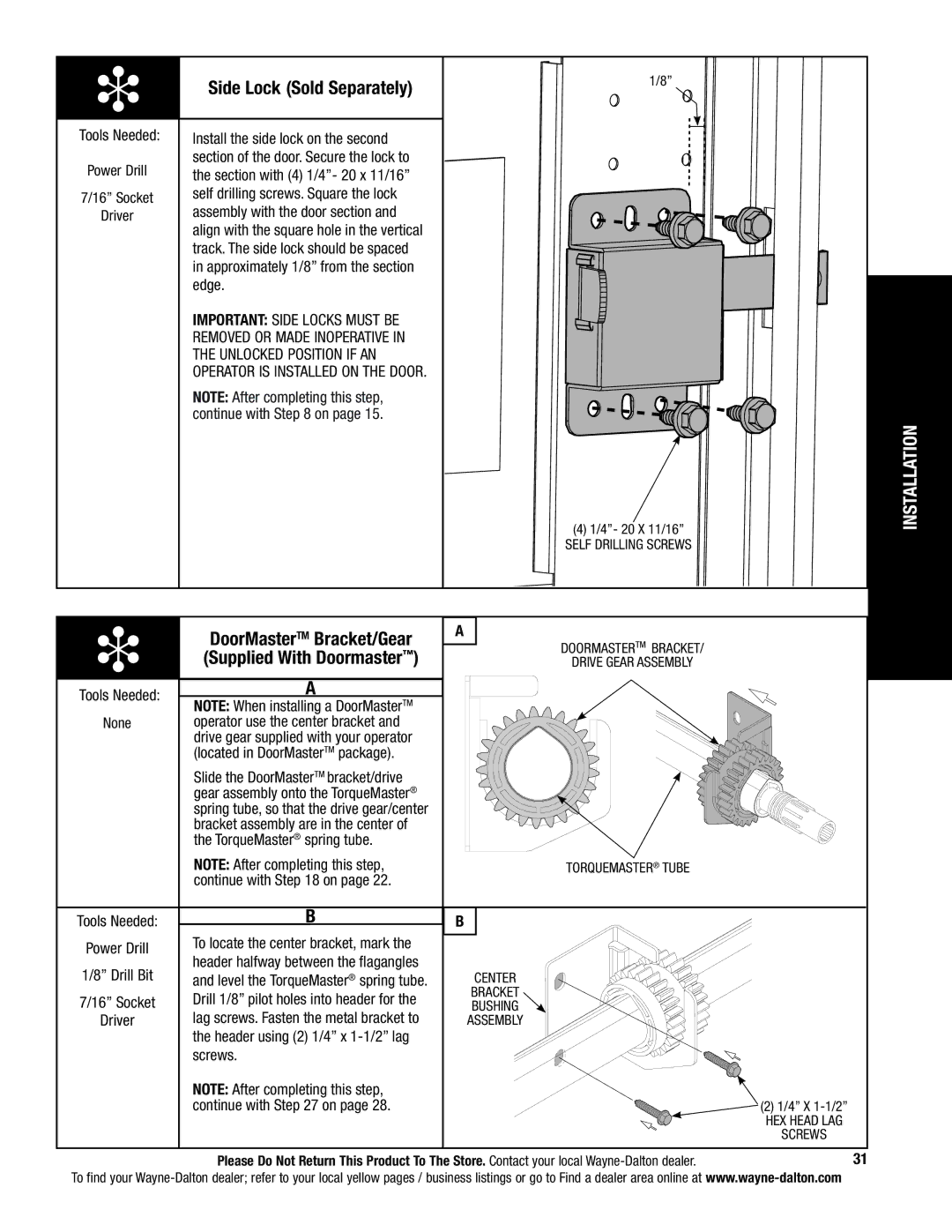 Wayne-Dalton 5120, 5140 installation instructions Side Lock Sold Separately 