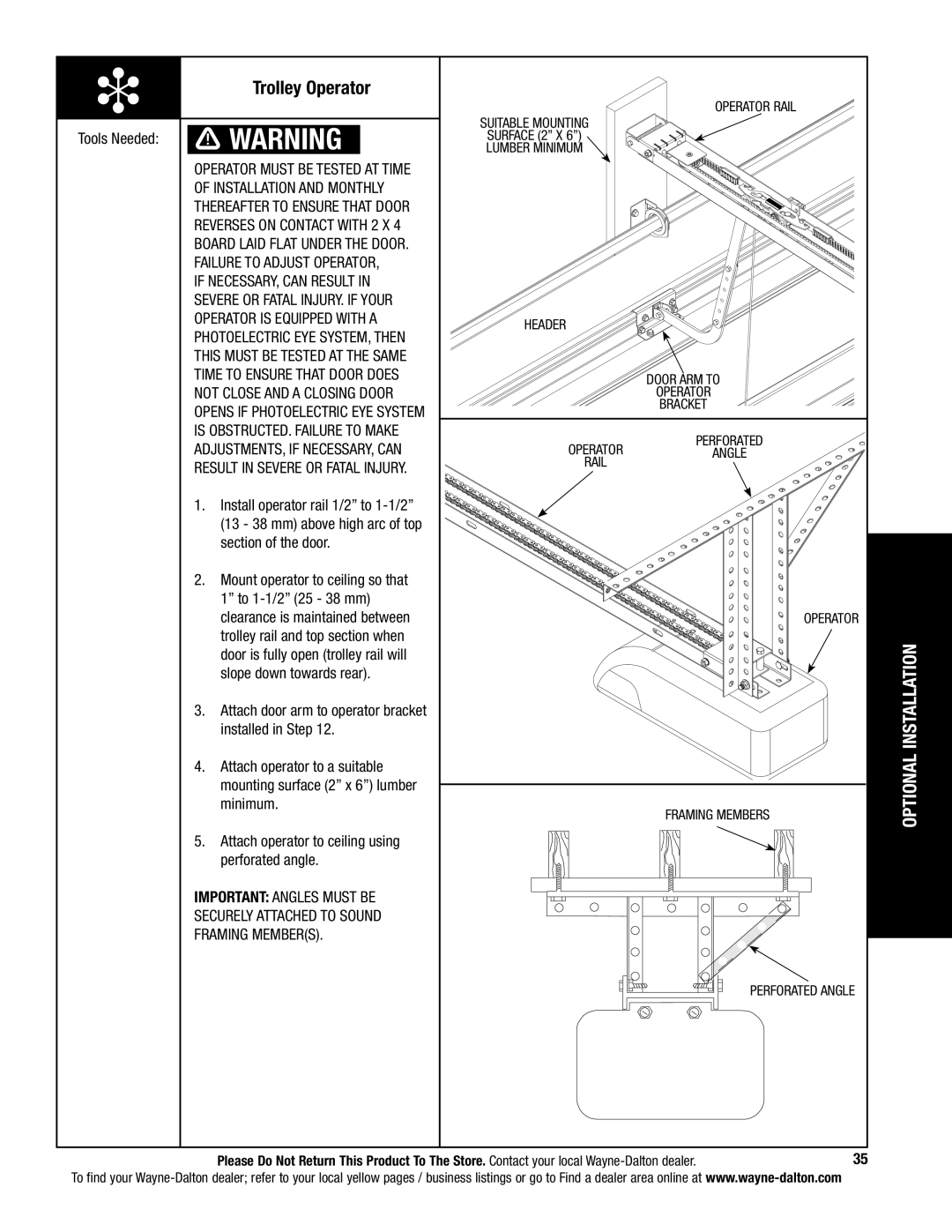 Wayne-Dalton 5120, 5140 Trolley Operator, Opens if Photoelectric EYE System, Operator Rail, Suitable mounting 