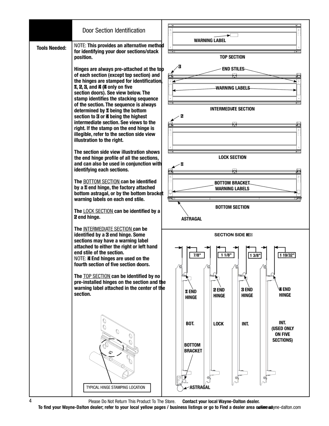 Wayne-Dalton 5140, 5120 installation instructions Door Section Identification 