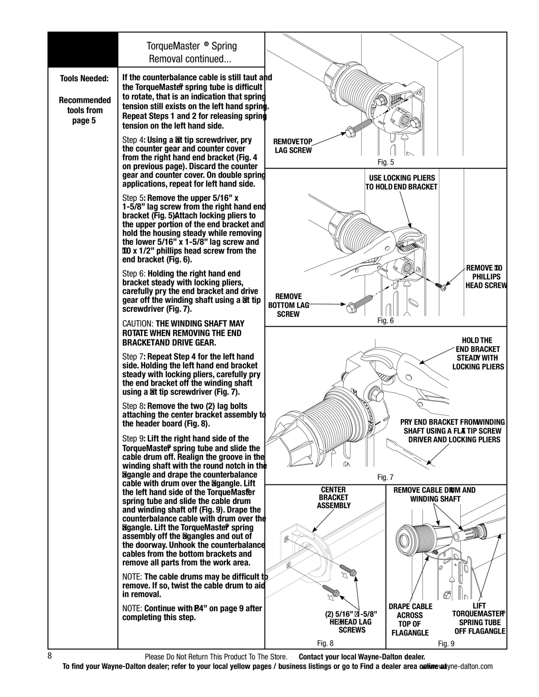 Wayne-Dalton 5140, 5120 installation instructions TorqueMaster Spring, Removal 