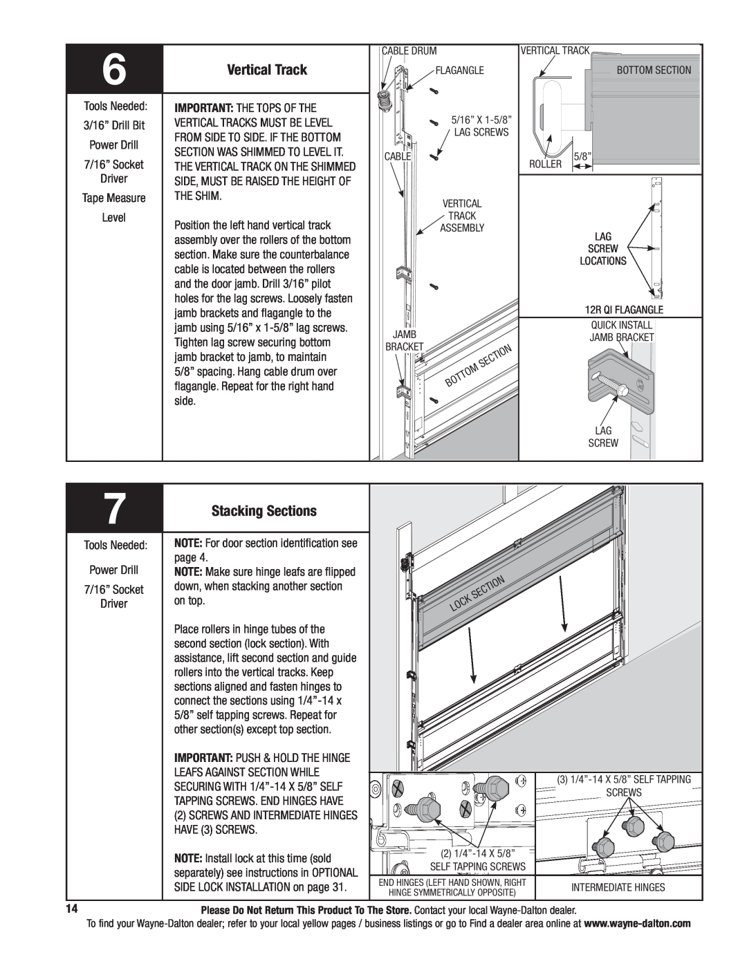 Wayne-Dalton 5140, 5120 installation instructions Vertical Track, Stacking Sections 