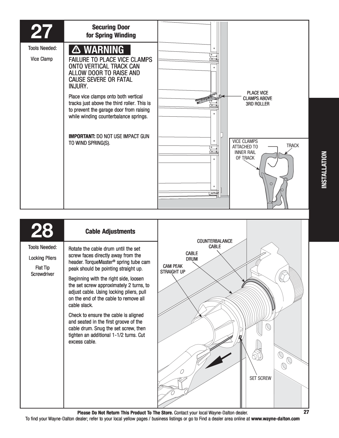 Wayne-Dalton 5120 Securing Door, Failure to place vice clamps, onto vertical Track can, allow door to raise and, injury 