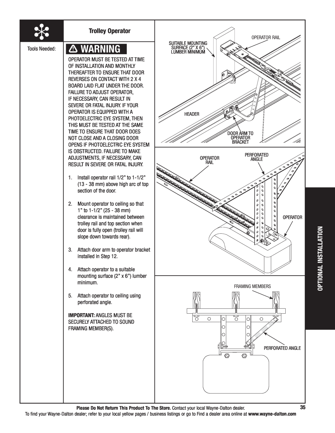 Wayne-Dalton 5120, 5140 installation instructions Trolley Operator, Optional Installation 