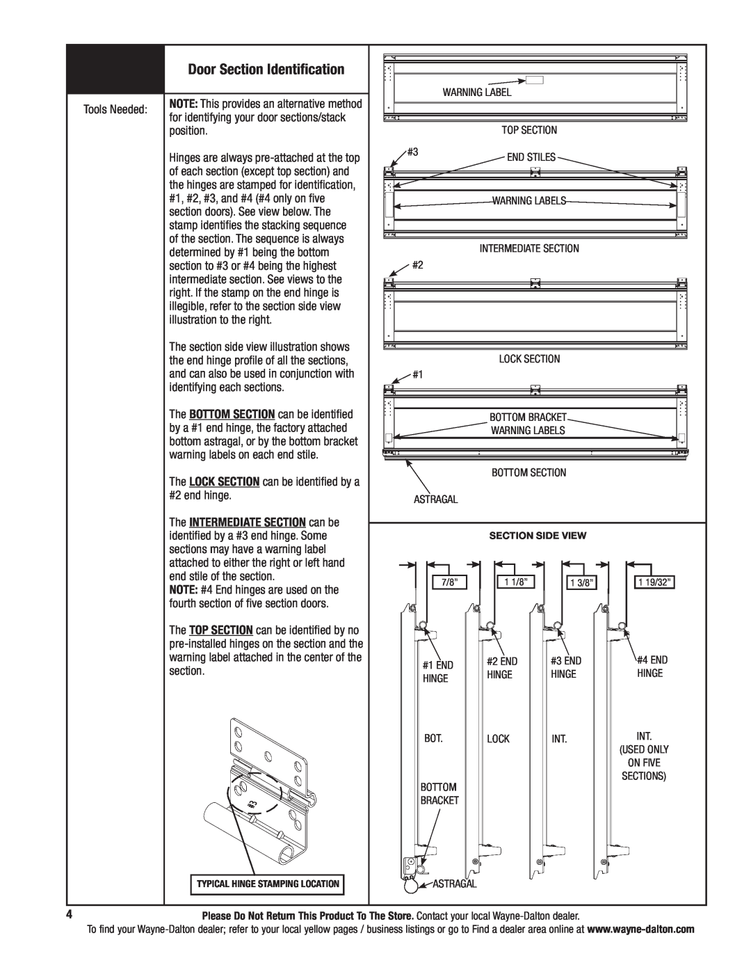 Wayne-Dalton 5140, 5120 installation instructions Door Section Identification 