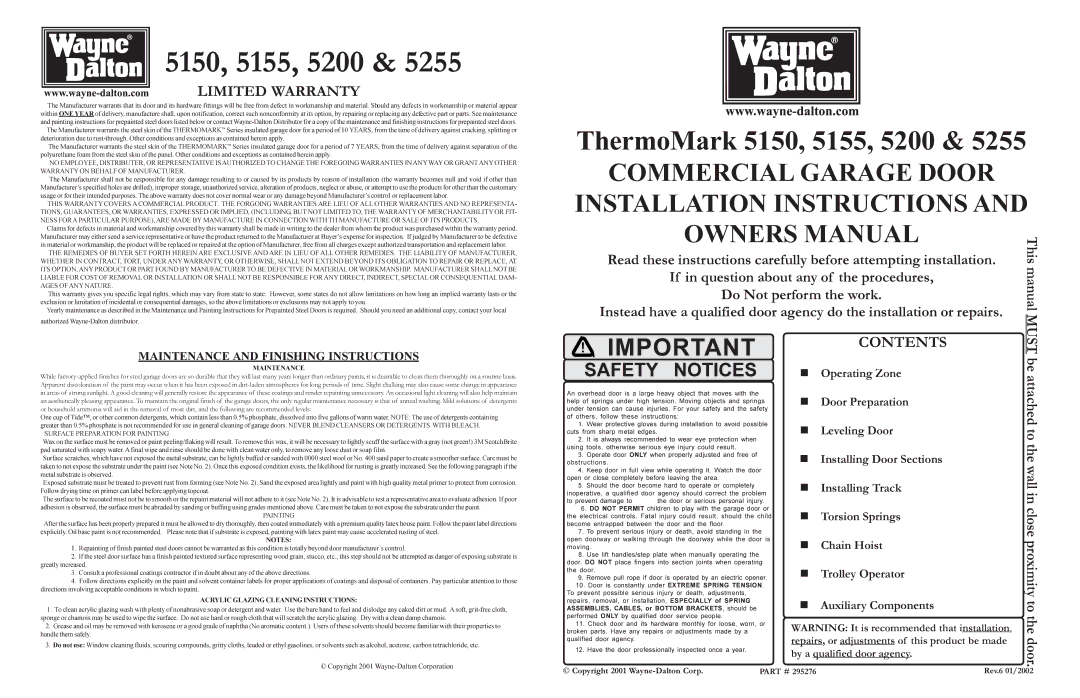 Wayne-Dalton 5200, 5150, 5255, 5155 warranty Limited Warranty, Contents, Must, Maintenance and Finishing Instructions 