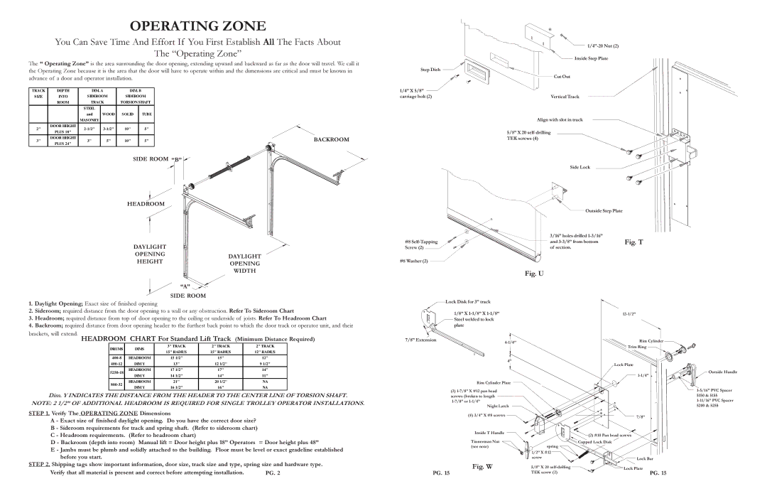 Wayne-Dalton 5255, 5150, 5200, 5155 Operating Zone, Side Room B Headroom Daylight Opening Height Width, Step Dish, Extension 