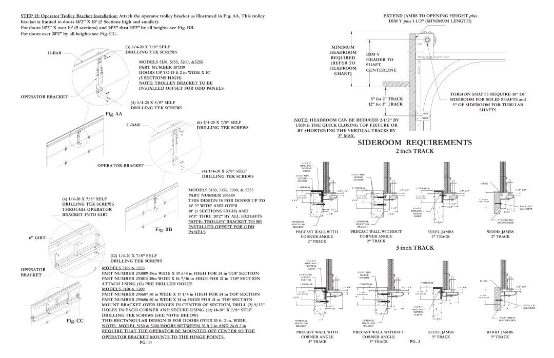 Wayne-Dalton 5155, 5150, 5200, 5255 warranty Sideroom Requirements, Inch Track 