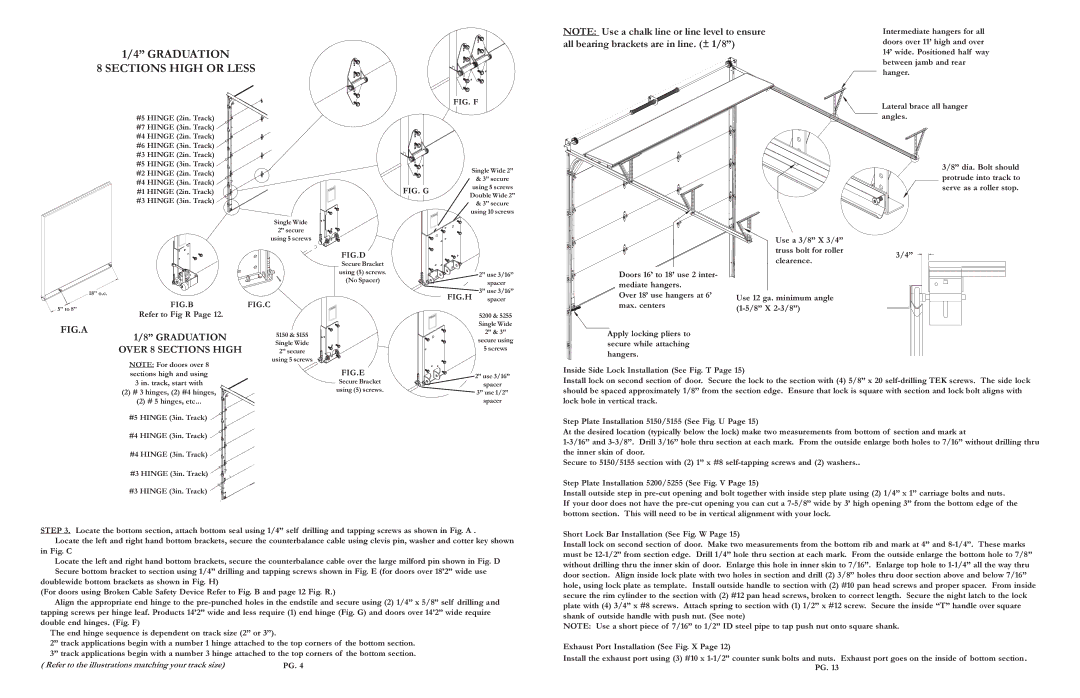 Wayne-Dalton 5150, 5200, 5255, 5155 warranty Graduation Sections High or Less, Lateral brace all hanger angles 