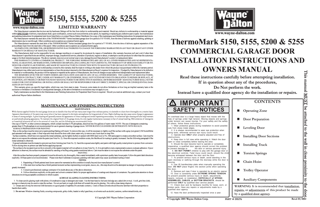 Wayne-Dalton 5200 warranty Limited Warranty, Contents, Must, Do Not perform the work, 5150, ThermoMark, Safety Notices 