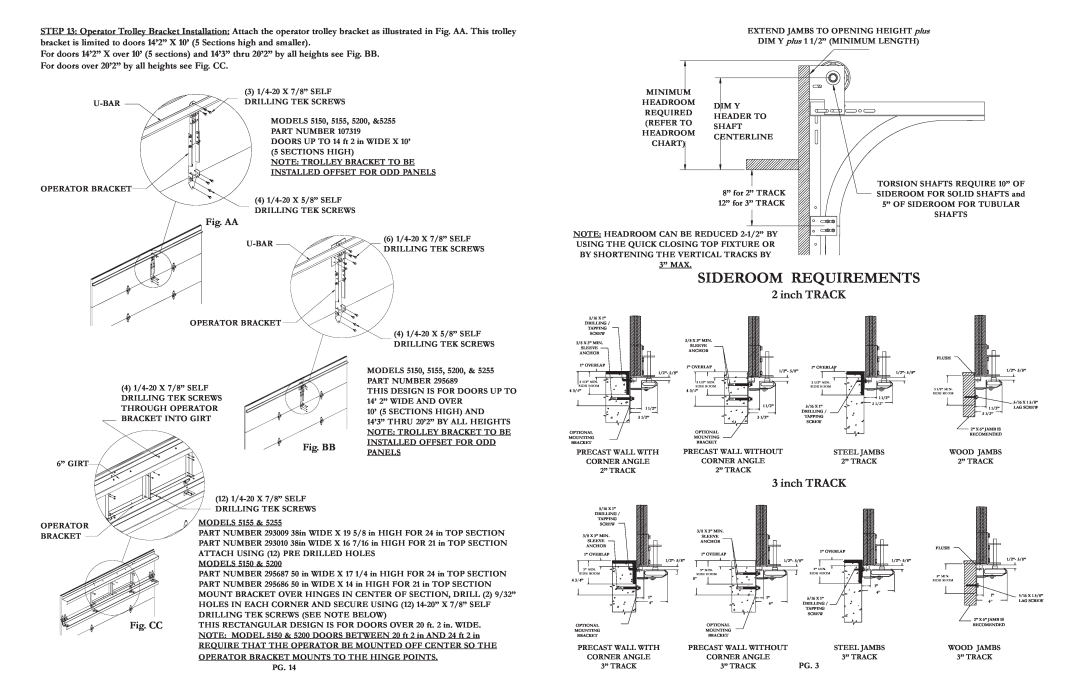 Wayne-Dalton 5155, 5150, 5200, 5255 warranty Sideroom Requirements, inch TRACK, Fig. AA, Fig. BB, Fig. CC 