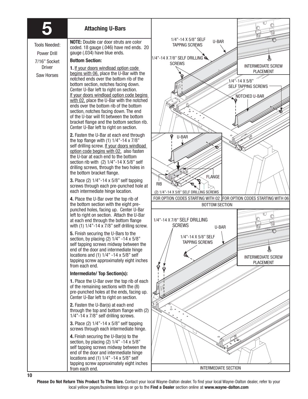 Wayne-Dalton 6100 installation instructions Attaching U-Bars 