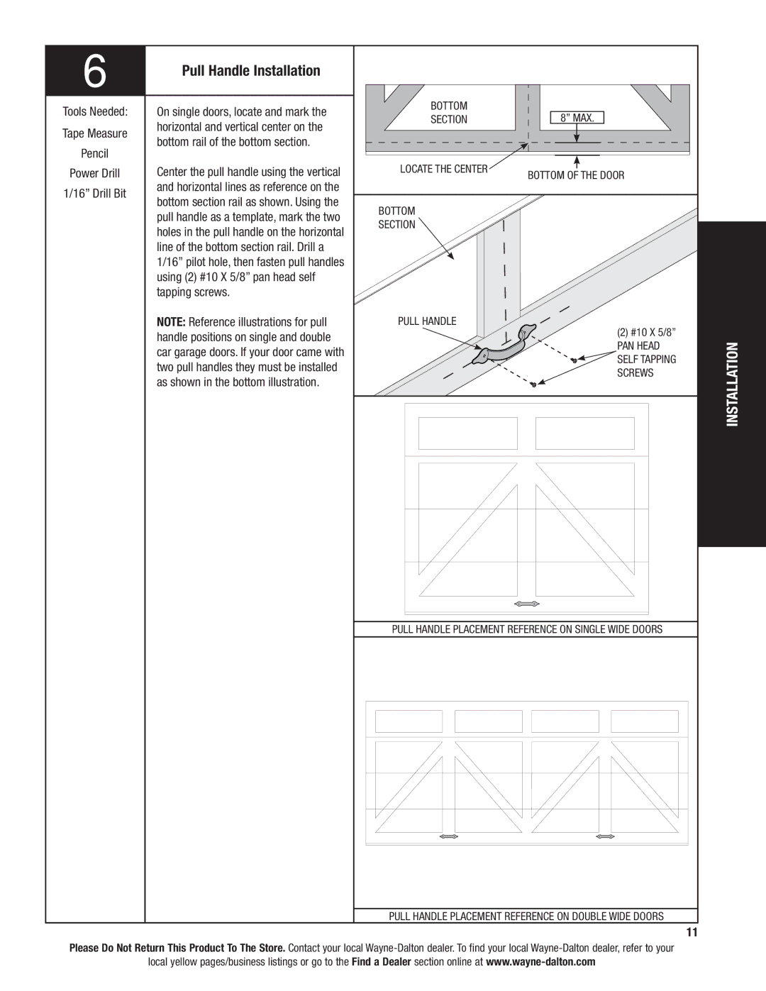 Wayne-Dalton 6100 installation instructions Pull Handle Installation 